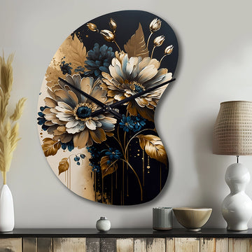 Blue And Gold Daisy Bunch II - Asymmetric Metal Wall Clock